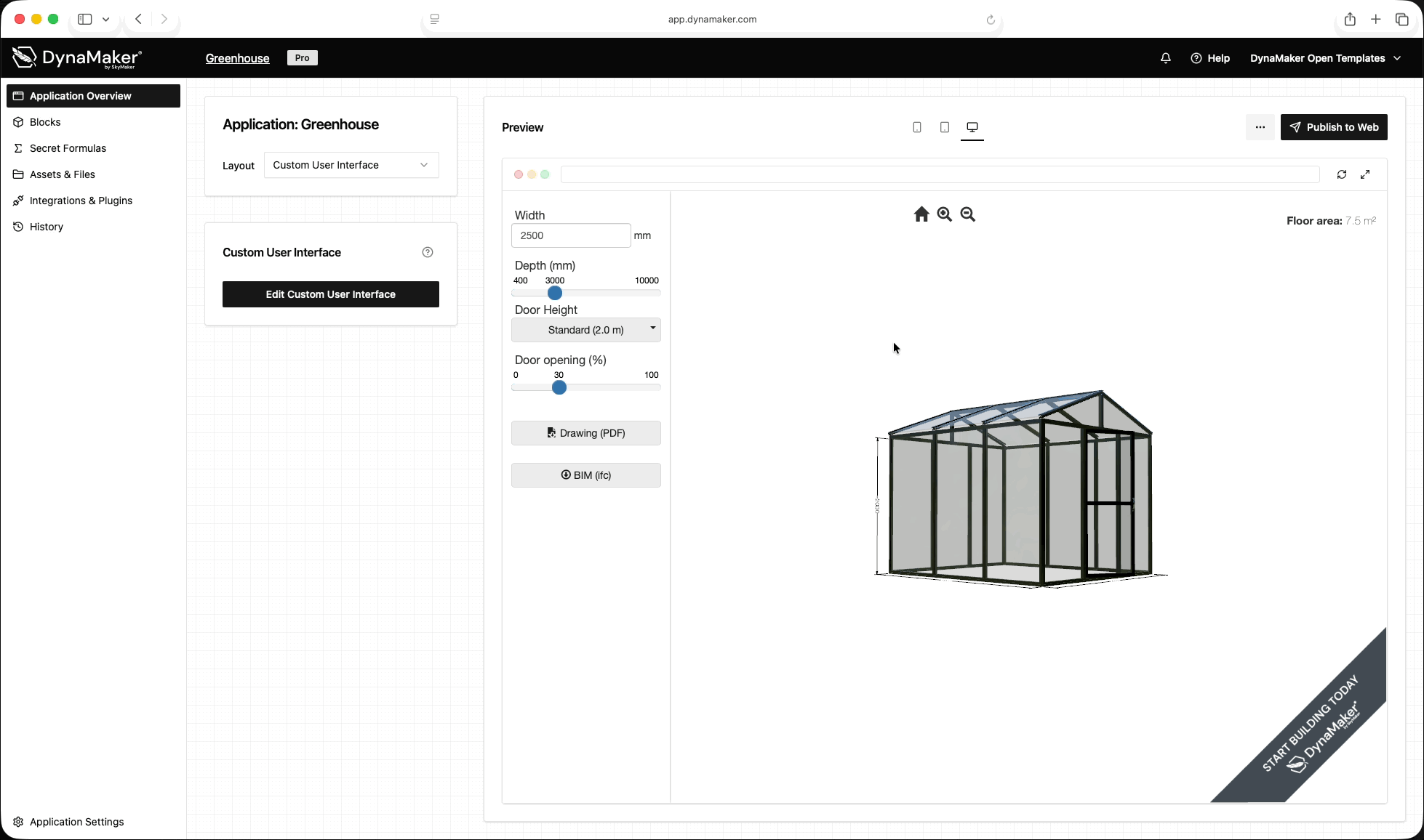 A moving image in GIF format displaying the DynaMaker Dashboard with a green house model as configurator.